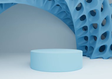 Işık, pastel, bebek mavisi 3D ürün görüntüsü silindir standı veya podyum ve fütüristik soyut geometrik şekiller modern arkaplan şablonu