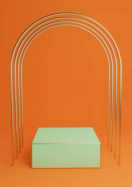 Neon turuncu, parlak kırmızı 3D, en az ürün sergilenen küp küp podyumu ya da lüks altın kemerler ve altın çizgilerle ayakta durun. Basit arkaplan özeti.