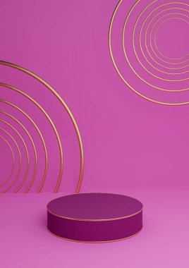 Parlak morumsu, neon pembesi 3D. Minimum ürün görüntüleme silindir podyumu veya ürün arkaplan soyut kompozisyonu. Altın çizgiler ve daireler.