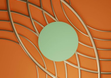 Neon turuncu, parlak kırmızı 3D rendelenmiş ürün düz podyum silindirli duruş lüks soyut kompozisyon kozmetik ürünler için altın çizgiler yukarıdan en az görünüm arkaplan