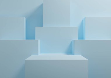 Işık, pastel, bebek mavisi 3D sunum podyumu için basit, minimal arkaplan oluşturma, sunum için ayakta durma geometrik arkaplan güzellik kozmetik ürünleri için şablon duvar kağıdı maketi