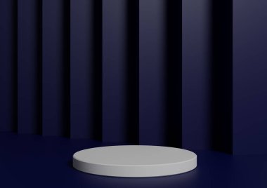 Basit, Bir Beyaz Silindir Podyumu ile Asgari 3D Hazırlama Kompozisyonu ya da Soyut Donanma Mavi Arkaplanı Üzerinde Dur Ürün Görünümü