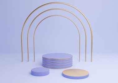 Işık, pastel mavi 3D basit ürün görüntüleme silindir podyumları lüks altın kemer ve satır üç asgari arkaplan soyut bileşimi