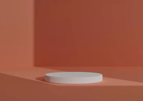 Basit, Bir Beyaz Silindir Podyumu ile Asgari 3D Hazırlama Kompozisyonu ya da Sağ Taraftan Gelen Pencere Işığını Göstermek için Soyut Gölge Turuncu Arkaplanda Duruş