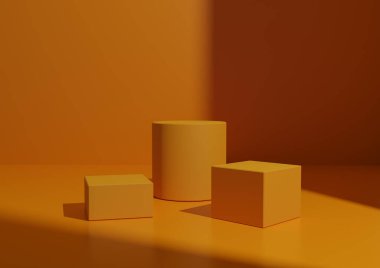 Basit Minimal Parlak Turuncu Üç Podyum ya da Ürün Gösterimi için Standart Beste. Sağ Taraftan Pencere Işığı ile Geometrik form 3B Hazırlama Arkaplanı.