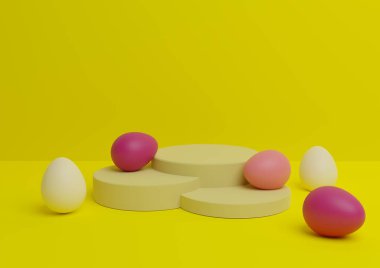 Paskalya temalı ürün podyumunun parlak, neon sarısı 3D görüntülemesi veya renkli yumurtalarla en aza indirgenmiş kompozisyon, birden fazla ürün için basit