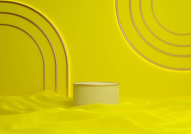 Parlak, neon sarısı 3D işlemeli lüks ürün silindir podyumu ya da kemer geometrik ışıklı en düşük kompozisyonda altın çizgilerle ayakta durun