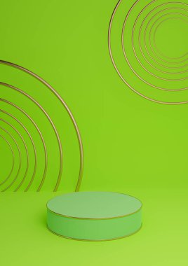 Parlak, neon yeşil 3D görüntüleme minimal ürün lüks silindir podyum veya ürün arkaplan soyut bileşimi altın çizgiler ve daireler