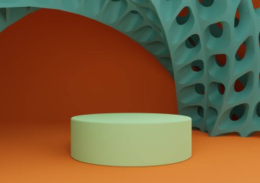 Neon turuncu, parlak kırmızı 3D rendelenmiş ürün görüntüsü silindir duruşu veya podyum ve fütüristik soyut geometrik şekiller modern arkaplan şablonu minimum şablonu
