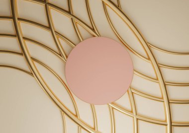 Açık bej, pastel turuncu, rendelenmiş ürün düz podyum silindiri sergileniyor. Kozmetik ürünler için altın çizgiler içeren lüks soyut kompozisyon, yukarıdan en düşük görünüm arkaplanı.