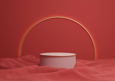 Parlak kestane rengi, koyu kırmızı 3D işlemeli lüks ürün podyumu ya da arka planda altın kemer çizgisi ve açık renkli minimal kompozisyon