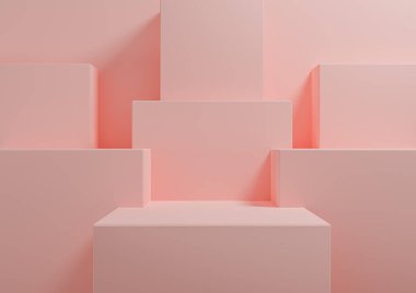 Pastel, açık kırmızı, somon pembesi 3D basit, ürün ekran podyumu için minimum arkaplan, sunum için ayakta durma geometrik arkaplan güzellik kozmetik ürünleri için şablon duvar kağıdı