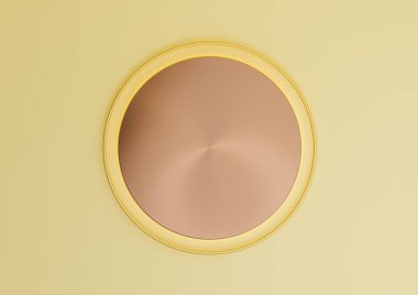 Sıcak, aydınlık, parlak, pastel sarısı 3D boş ürün görüntüleme sahnesi silindir podyumu ile ya da üst görünüm düz ve altın çizgi üzerinde duran lüks ürünler için minimum, yukarıdan basit arkaplan