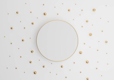 Beyaz, açık gri, siyah ve beyaz 3D, lüks ürün görüntüleme podyumu ya da altın ve altın misketlerle bezenmiş düz kompozisyonu görmek için minimumda durmak yukarıdan basit bir arkaplan düşüşü