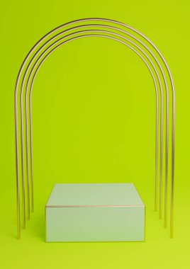 Parlak, kireç, neon yeşili 3D en düşük ürün sergilenen küp kürsü ya da lüks altın kemerler ve altın çizgilerle ayakta durun. Basit arkaplan özeti.