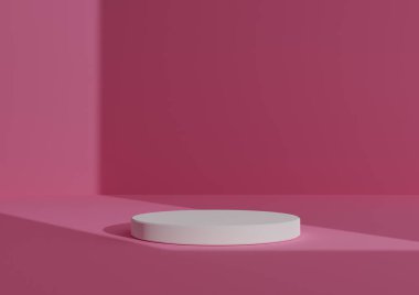 Basit, Bir Beyaz Silindir Podyumu ile Asgari 3D Hazırlama Kompozisyonu veya Sağ Taraftan Gelen Pencere Işığını Göstermek için Soyut Gölge Parlak Pembe Arkaplanda Duruş