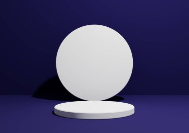 Koyu mavi, 3 boyutlu basit bir kompozisyonun tek silindir standı ya da ürün gösterimi ya da geometrik şekilli reklamcılık için podyumu, metin için boş arkaplan.