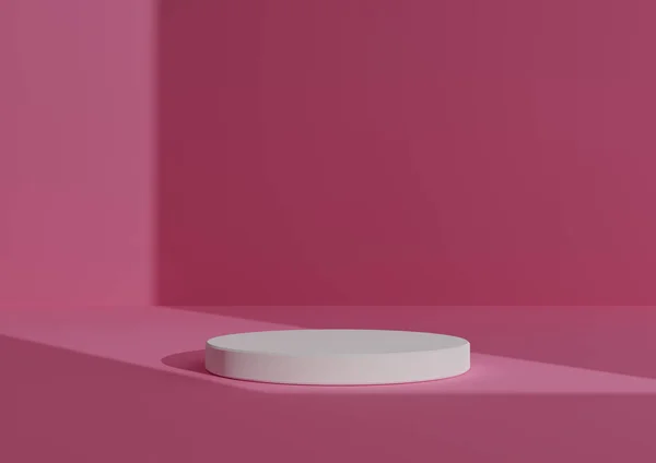 Basit, Bir Beyaz Silindir Podyumu ile Asgari 3D Hazırlama Kompozisyonu veya Sağ Taraftan Gelen Pencere Işığını Göstermek için Soyut Gölge Parlak Pembe Arkaplanda Duruş
