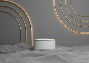 Koyu grafit gri, siyah ve beyaz 3D, lüks ürün görüntüleme silindir podyumu ya da kemer geometrik ışıklı en az altın çizgilerle ayakta durun.