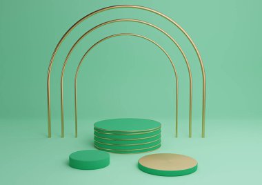 Parlak turkuaz yeşil 3D basit ürün görüntüleme silindir podyumları lüks altın kemer ve satır üç asgari arkaplan soyut kompozisyonu