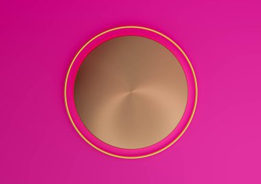 Parlak morumsu, neon pembe 3D görüntüleme sahnesi silindir podyumlu boş ürün sahnesi ya da lüks ürünler için en az, en basit arka plan için en üstte düz ve altın çizgi üzerinde durun