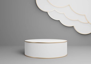 Koyu grafit gri, siyah ve beyaz 3D ürün görüntüleme podyumu ya da soyut bulutlar ve altın çizgiler ile ayakta durmak en az, en basit kompozisyon arka plan silindiri