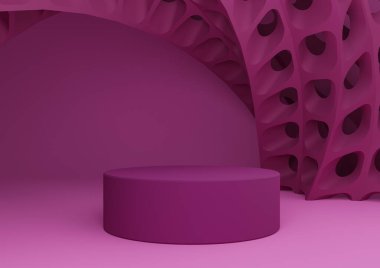Parlak morumsu, neon pembe 3D rendelenmiş ürün görüntüsü silindir standı veya podyum ve fütüristik soyut geometrik şekiller modern arkaplan şablonu