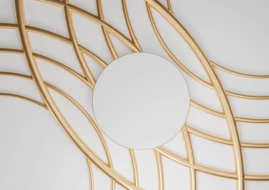 Beyaz, açık gri, siyah ve beyaz 3D rendelenmiş ürün düz podyum silindiri, kozmetik ürünleri için altın çizgiler içeren lüks soyut kompozisyon, yukarıdan en düşük görünüm arkaplanı.