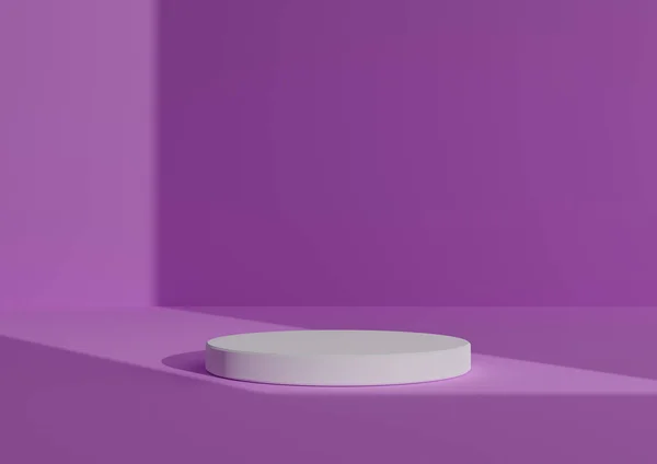 Basit, Bir Beyaz Silindir Podyumu ile Asgari 3D Hazırlama Kompozisyonu ya da Sağ Taraftan Gelen Pencere Işığını Göstermek için Soyut Mor Gölge Arkaplanı Üzerinde Dur