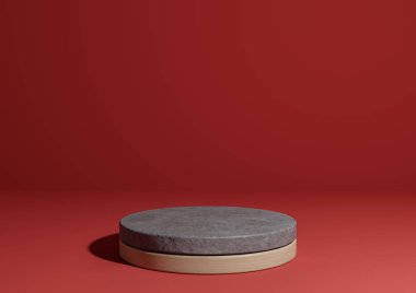 Parlak kestane rengi, koyu kırmızı 3 boyutlu basit ürün görüntüleme, doğal minimum arkaplan, betondan ve ahşaptan yapılmış silindir podyum standı, doğa ürünleri için.