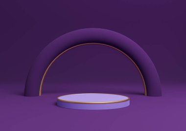 Koyu mor, menekşe rengi 3 boyutlu basit ürün gösterimi silindir podyumu ya da kemer geometrik ve lüks bir ışıltıyla altın çizgilerle asgari bileşim