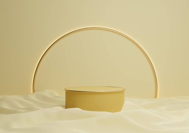 Sıcak, açık, parlak, pastel sarısı 3D gösterişli ürün podyumu ya da arka planda altın kemer çizgisi ve açık renkli minimal kompozisyon