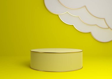 Parlak, neon sarısı 3D ürün görüntüleme podyumu ya da soyut bulutlar ve altın çizgilerle ayakta durun. Minimum, basit kompozisyon arka plan silindiri.