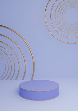 Işık, pastel mavi 3D görüntüleme minimal ürün lüks silindir podyum veya ürün arkaplan soyut bileşimi altın çizgiler ve daireler
