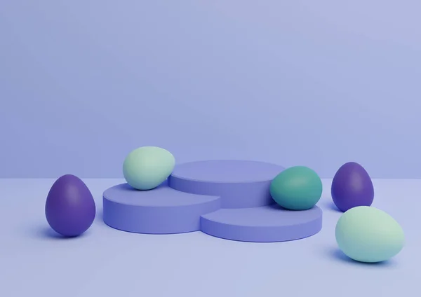 Paskalya temalı ürünün açık, pastel mavisi 3D görüntüleme podyumu veya renkli yumurtalarla en az düzeyde, birden fazla ürün için basit bir kompozisyon.