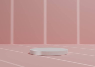 Basit, Bir Beyaz Silindir Podyumu ile Asgari 3D Hazırlama Kompozisyonu ya da Soyut Çizgili Gölge Işığı, Pastel Pembe Ürün Görünümü Arkaplanı.