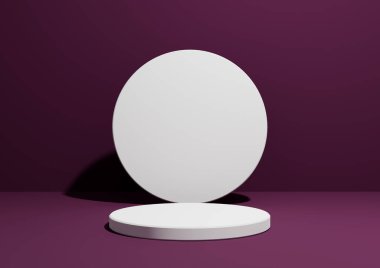 Koyu morumsu, mor, basit, bir silindir duruşu veya geometrik şekilli reklam için podyumu olan üç boyutlu, metin için alanı olan boş bir arkaplan..