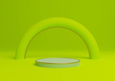 Parlak, kireç, neon yeşil 3D basit ürün görüntüleme silindir podyumu ya da kemer geometrik ve lüks bir ışıltıya sahip minimum altın çizgilerle ayakta durun