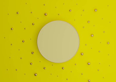 Parlak, neon sarısı 3D işlemeli lüks ürün podyumu ya da altın ve altın misketlerle bezenmiş düz kompozisyonu görmek için minimal duruş yukarıdan basit bir arkaplan