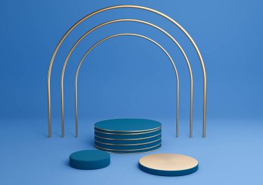 Parlak, koyu, pastel mavisi 3D basit ürün görüntüleme silindiri podyumları lüks altın kemer ve üçüncü çizgiler minimum özet içerir.