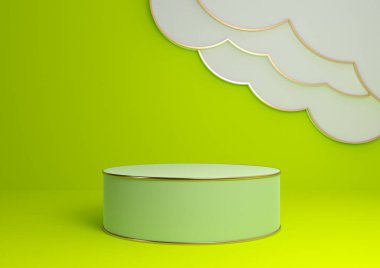 Parlak, kireç, neon yeşil 3D ürün görüntüleme podyumu ya da soyut bulutlar ve altın çizgilerle ayakta durun. Minimum, basit kompozisyon arka plan silindiri.