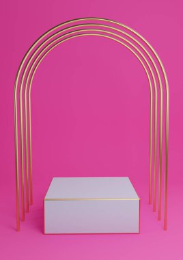 Parlak morumsu, neon pembe 3D işlemeli, en az ürün sergilenen küp kürsü ya da lüks altın kemerler ve altın çizgilerle ayakta durun. Basit arkaplan özeti.