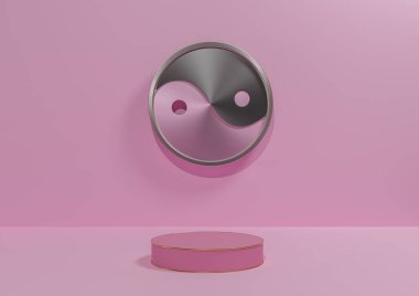 Işık, pastel, lavanta rengi, pembe 3D ürün görüntüleme arka planı basit, metalik Yin ve Yang sembol podyumu asgari düzeyde ya da altın çizgili, doğa için zemin, kozmetik, lüks ürün fotoğrafçılığı