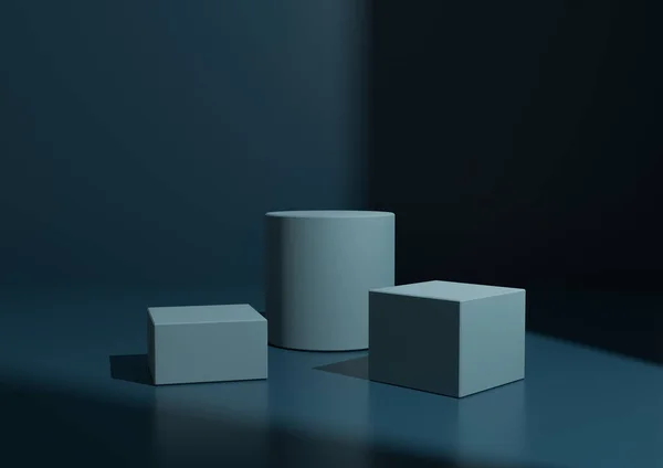 Basit Koyu Mavi Üç Podyum ya da Ürün Gösterimi için Standart Kompozisyon. Sağ Taraftan Pencere Işığı ile Geometrik form 3B Hazırlama Arkaplanı.