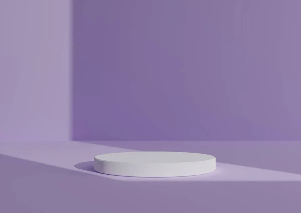 Basit, Bir Beyaz Silindir Podyumu ile Asgari 3D Hazırlama Kompozisyonu ya da Sağ Taraftan Gelen Pencere Işığını Göstermek için Soyut Gölge Pastel Mor Arkaplanı Üzerinde Duruş