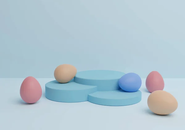 Paskalya temalı ürün podyumunun açık, pastel, bebek mavisi 3D görüntüsü ya da renkli yumurtalarla en aza indirgenmiş kompozisyon, birden fazla ürün için basit.