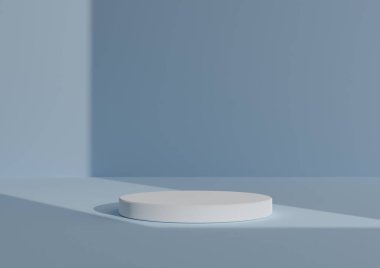 Basit, Bir Beyaz Silindir Podyumu ile Asgari 3D Hazırlama Kompozisyonu ya da Sağ Taraftan Gelen Pencere Işığını Göstermek için Soyut Gölge Mavi Arkaplanda Duruş