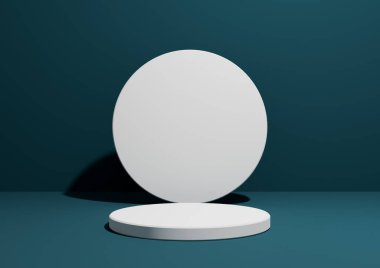 Koyu deniz mavisi, su mavisi, basit, bir silindir standı ya da geometrik şekilli reklam için podyumu olan üç boyutlu, metin için alanı olan boş arkaplan..