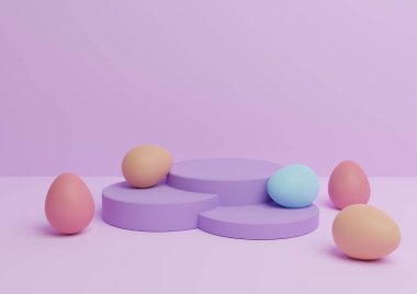 Paskalya temalı ürün podyumunun hafif, pastel, lavanta rengi mor 3D görüntüsü ya da renkli yumurtalarla ayakta durma kompozisyonu asgari, birden fazla ürün için basit.