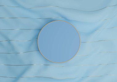 Parlak, açık mavi gökyüzü 3D sunum ürünü podyumu ya da altın iplikli tekstil üzerinde dikilip üstten düz bir görünüm oluşturur.